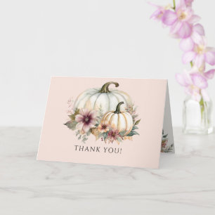 Fall Pumpkin Autumn Leaf Pink Floral Thank You Card