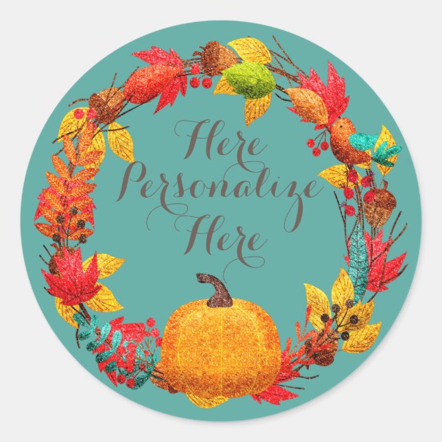 Fall pumpkin autumn leaf wreath teal orange classic round sticker (Front)