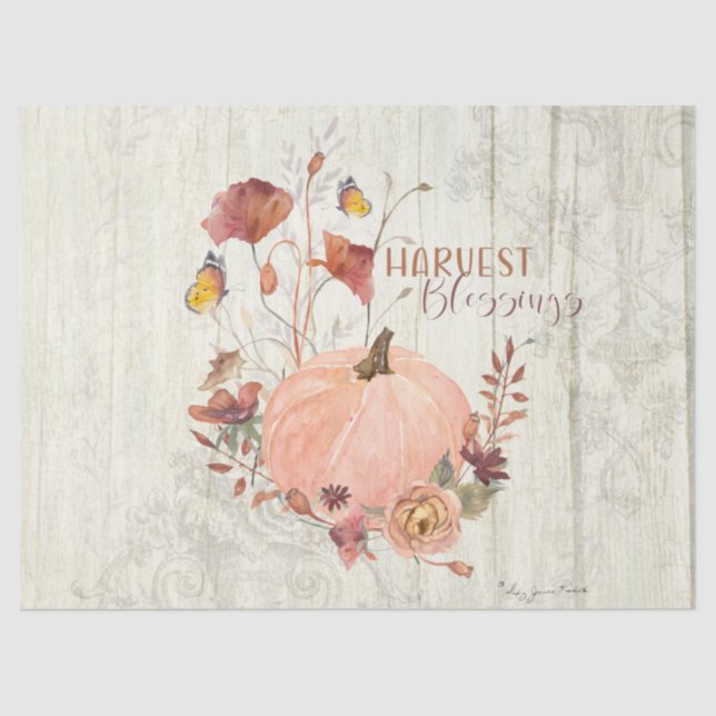 Fall Pumpkin Autumn Leaves Rustic Wood Decoupage Tissue Paper (Front)
