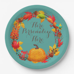 Fall pumpkin autumn leaves wreath teal orange  paper plate