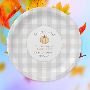 Fall pumpkin baby shower decor, neutral gingham paper plate