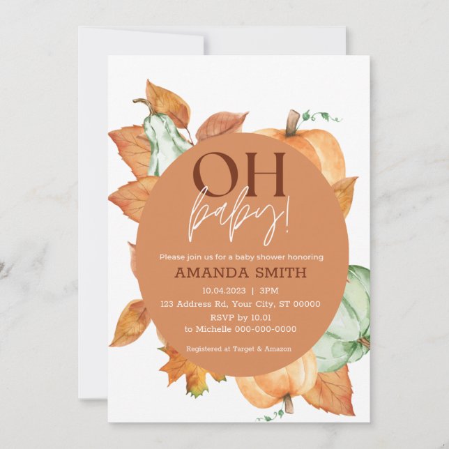 Fall Pumpkin Baby Shower, Gender Neutral, Oh Baby Invitation (Front)