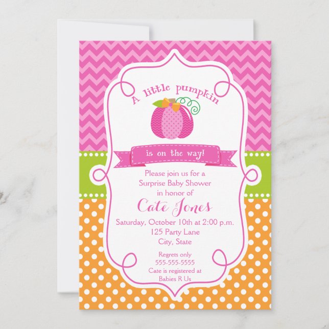 Fall Pumpkin Baby Shower, Girl Pumpkin Invitation (Front)