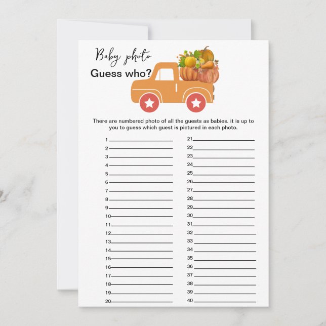 Fall pumpkin baby shower guess who game (Front)