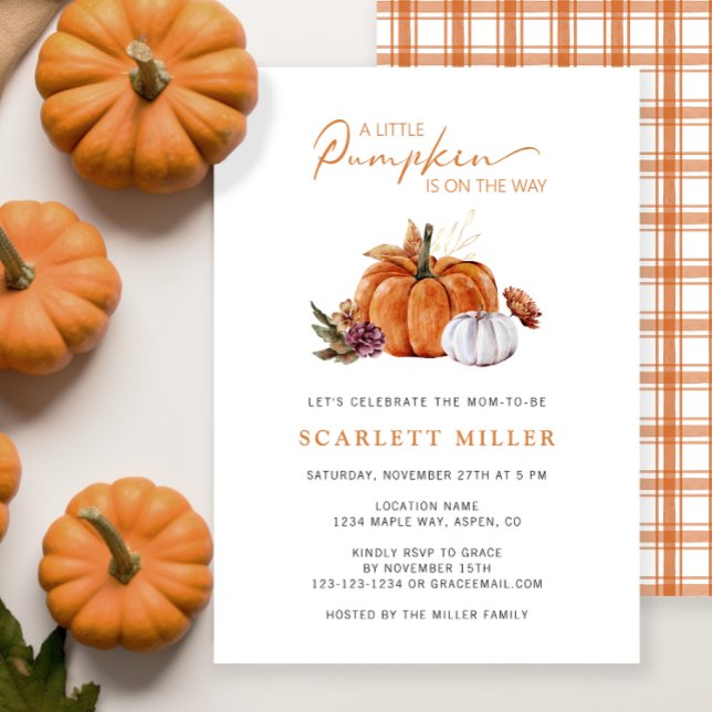 Fall Pumpkin Baby Shower Invitation (A Little Pumpkin Is On The Way Baby Shower Invitation Fall Autumn Watercolor Floral)