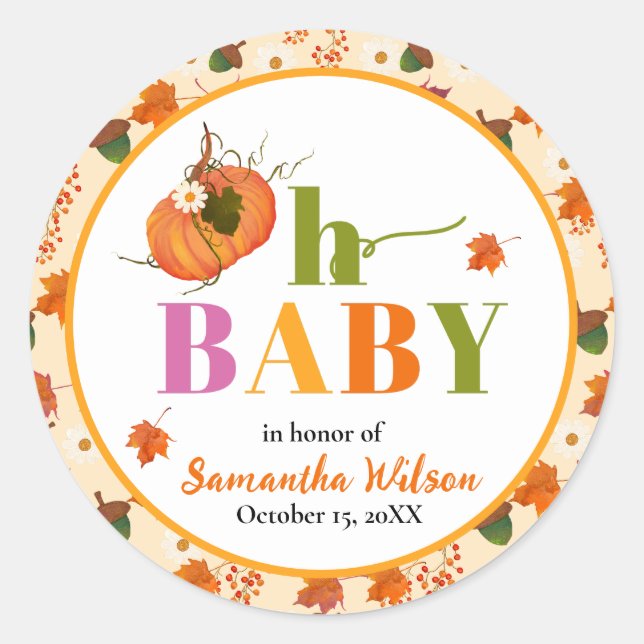 Fall Pumpkin Baby Shower Invitation Classic Round Sticker (Front)