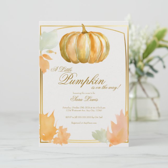 Fall Pumpkin Baby shower invitation gold (Standing Front)