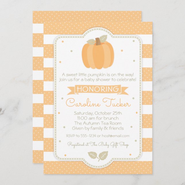 Fall Pumpkin Baby Shower Invitation Orange Stripes (Front/Back)