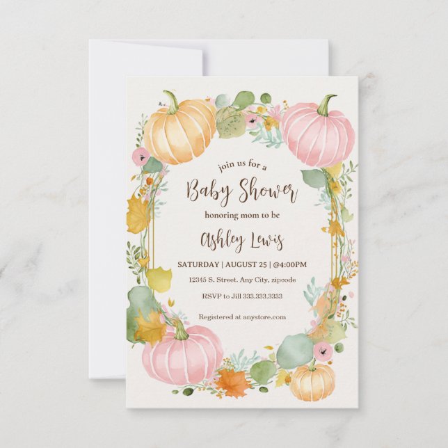 Fall Pumpkin Baby shower invitation pink and gold (Front)