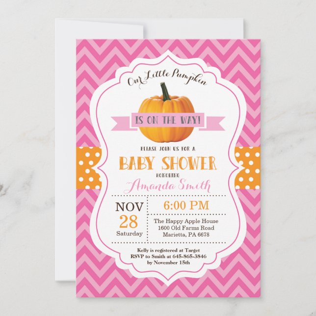 Fall Pumpkin Baby Shower Invitation Pink Chevron (Front)