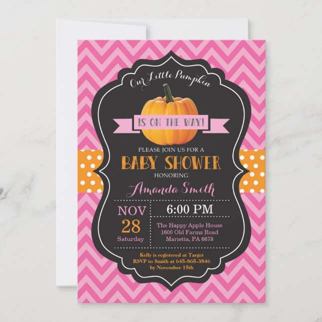 Fall Pumpkin Baby Shower Invitation Pink Chevron (Front)