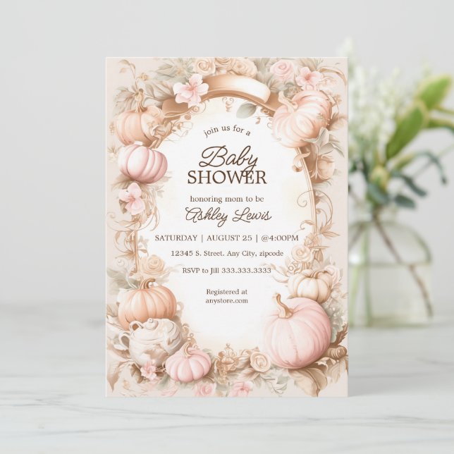 Fall Pumpkin baby shower invitation vintage blush (Standing Front)