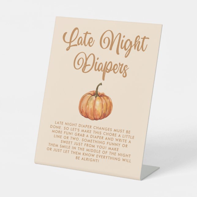 Fall Pumpkin Baby Shower Late Night Diapers Game Pedestal Sign (Front)