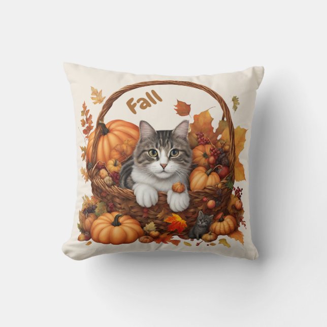 Fall Pumpkin Basket with Cute Cats  Cushion (Front)