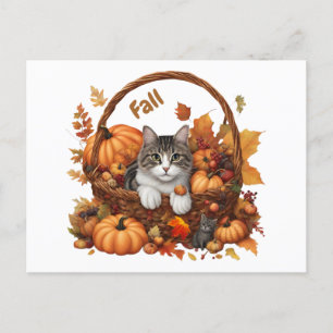 Fall Pumpkin Basket with Cute Cats Postcard