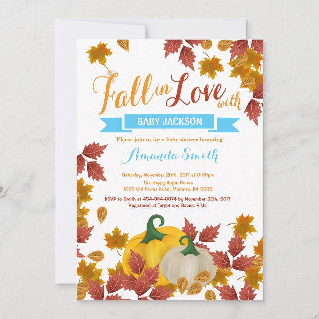 Fall Pumpkin Blue Boy Baby Shower invitation (Front)