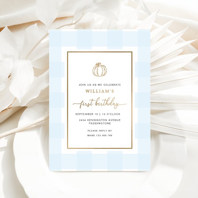 Fall Pumpkin Blue Gingham Birthday Foil Invitation (First Birthday Invitation)