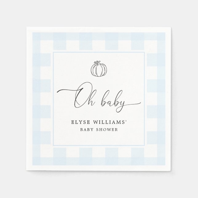 Fall Pumpkin Blue Gingham Oh Baby Paper Napkin (Front)