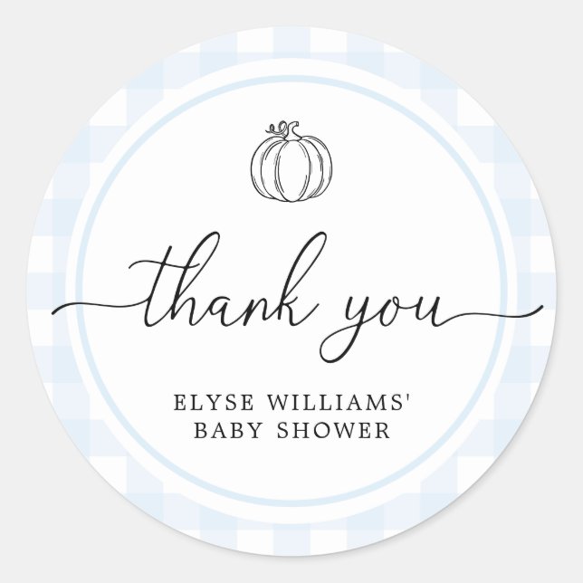 Fall Pumpkin Blue Gingham Shower Favour Sticker (Front)