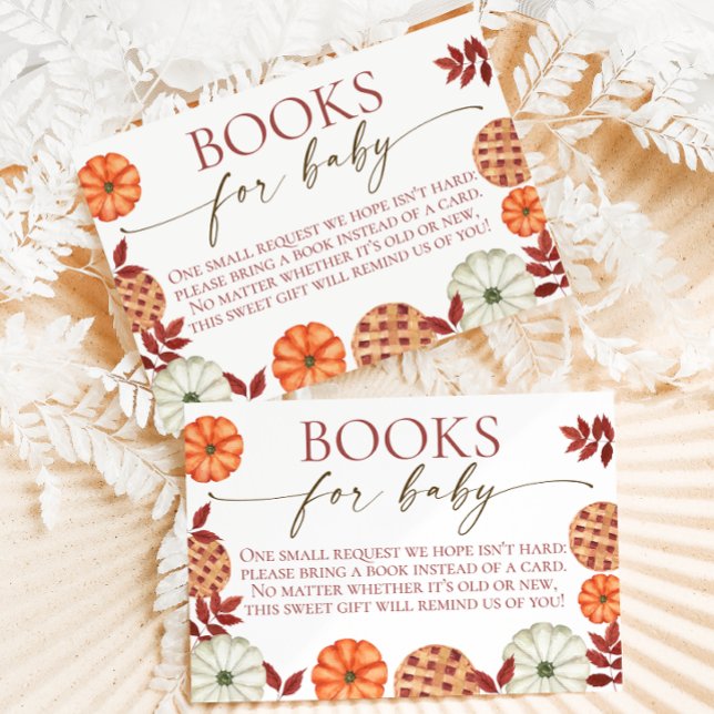 Fall Pumpkin Book Request Baby Show Enclosure Card (Baby shower book request cards featuring watercolor pumpkins, pies, and red autumn leaves)
