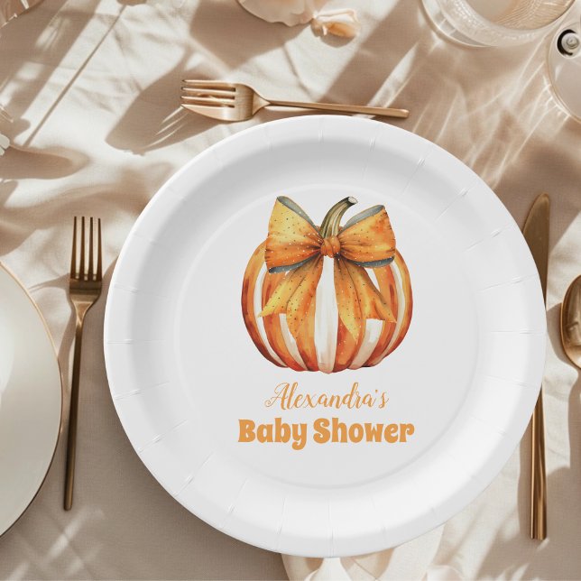 Fall Pumpkin Bow Girl Baby Shower Paper Plate (Creator Uploaded)