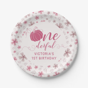 Fall Pumpkin Bow Pink Flowers Arch Birthday Paper Plate