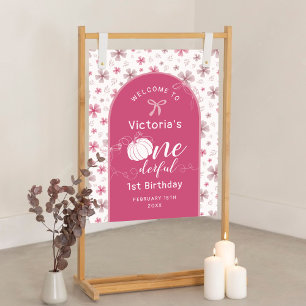 Fall Pumpkin Bow Pink Flowers Arch Birthday Poster