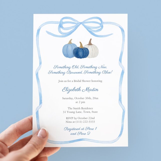 Fall Pumpkin Bow Something Blue Bridal Shower Invitation (Something Old New Borrowed Blue Pumpkins Bridal Shower Party Invitation With Coquette Bow)