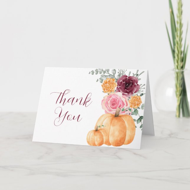Fall pumpkin burgundy blush pink floral photo  thank you card (Front)