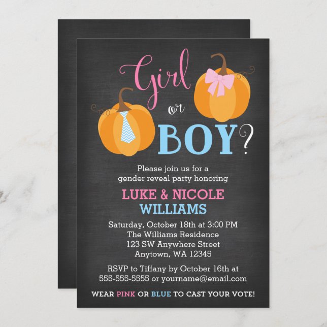 Fall Pumpkin Chalkboard Gender Reveal Party Invitation (Front/Back)