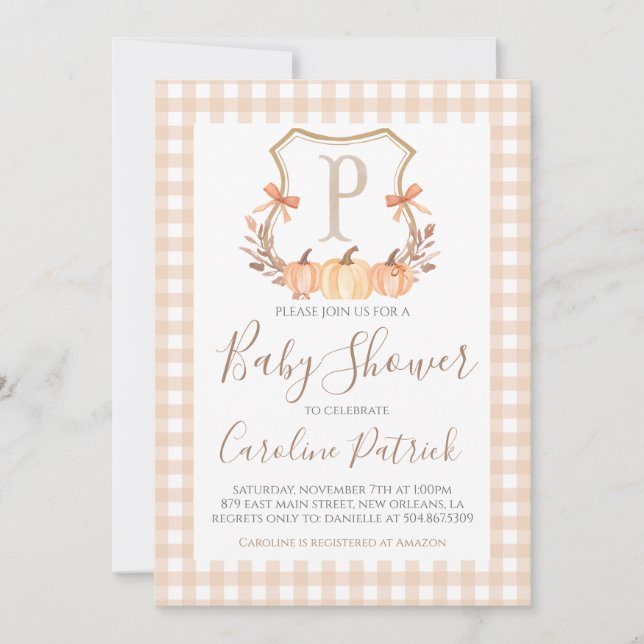 Fall Pumpkin Crest Preppy Baby Shower Invitation (Front)