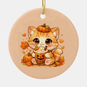 Fall Pumpkin Drink Kitty – Cute Autumn Ceramic Tree Decoration