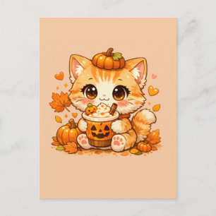 Fall Pumpkin Drink Kitty – Cute Autumn Postcard