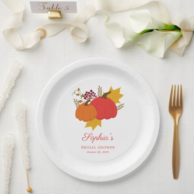 Fall Pumpkin Elegant Script Bridal Shower Paper Plate (Wedding)