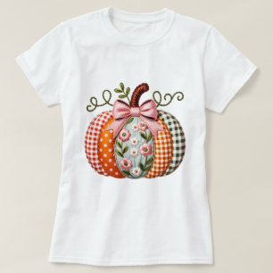 Fall Pumpkin Faux Embroidery Autumn Orange Pink T-Shirt