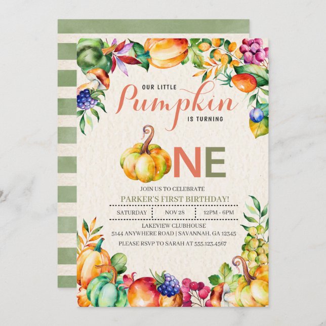 Fall Pumpkin First Birthday Invitation (Front/Back)