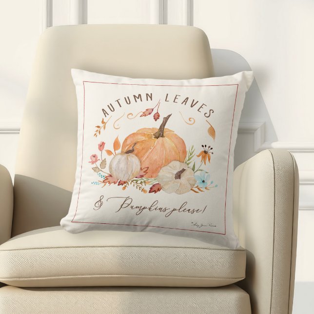 Fall Pumpkin Floral Autumn Falling Leaf Watercolor Cushion (Creator Uploaded)