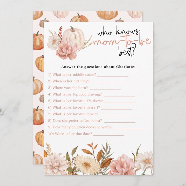 Fall Pumpkin Floral Baby Shower Game Card (Front/Back)