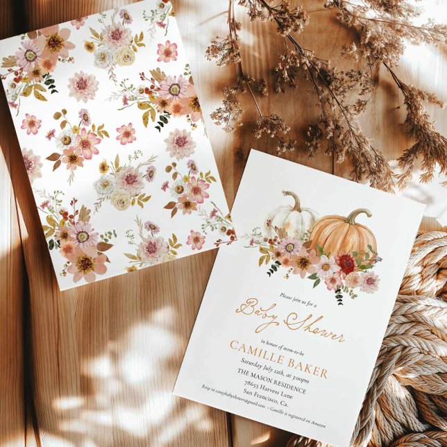 Fall Pumpkin Floral Baby Shower Invitation (Autumn Pumpkin Floral Girl Baby Shower Invitation)