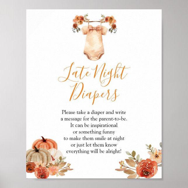 Fall Pumpkin Floral Baby Shower Late Night Diapers Poster (Front)