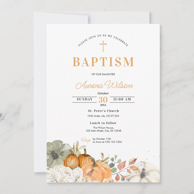Fall Pumpkin Floral Baptism Invitation (Front)