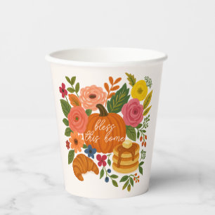 Fall Pumpkin Floral Bless This Home Thanksgiving Paper Cups
