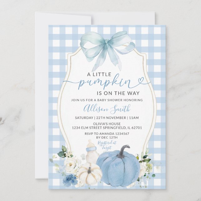 Fall Pumpkin Floral Bow Blue Gingham Baby Shower Invitation (Front)
