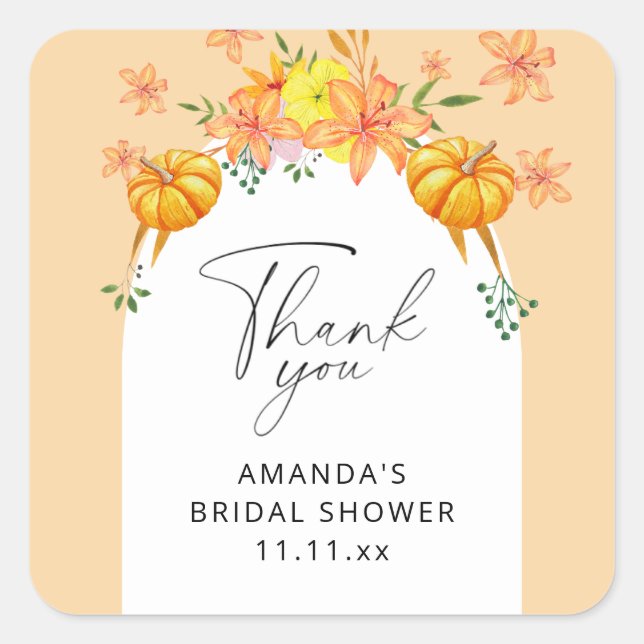 Fall pumpkin floral bridal shower square sticker (Front)