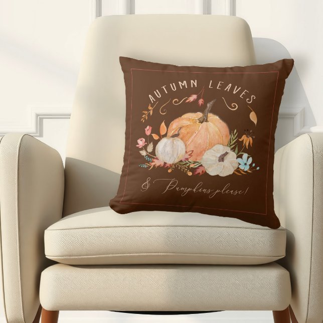 Fall Pumpkin Floral Dark Brown Watercolor Foliage Cushion (Creator Uploaded)