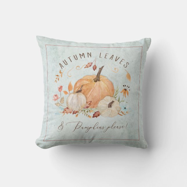 Fall Pumpkin Floral Dusty Blue Watercolor Foliage Cushion (Front)