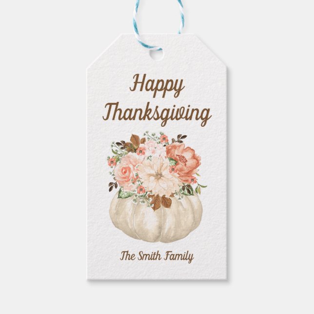 Fall Pumpkin Floral Happy Thanksgiving Gift Tag (Front)