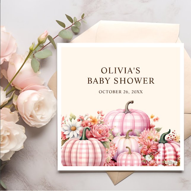 Fall Pumpkin Floral Pink Plaid Baby Shower Napkin (Creator Uploaded)