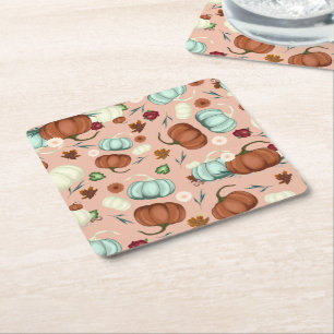 Fall Pumpkin Floral Square Paper Coaster