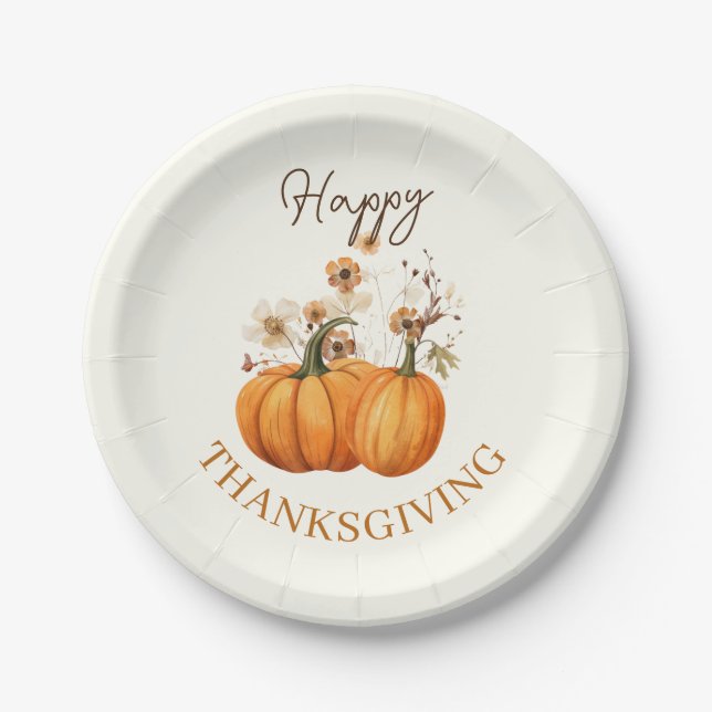Fall Pumpkin Floral Thanksgiving Paper Cocktail Plate (Front)